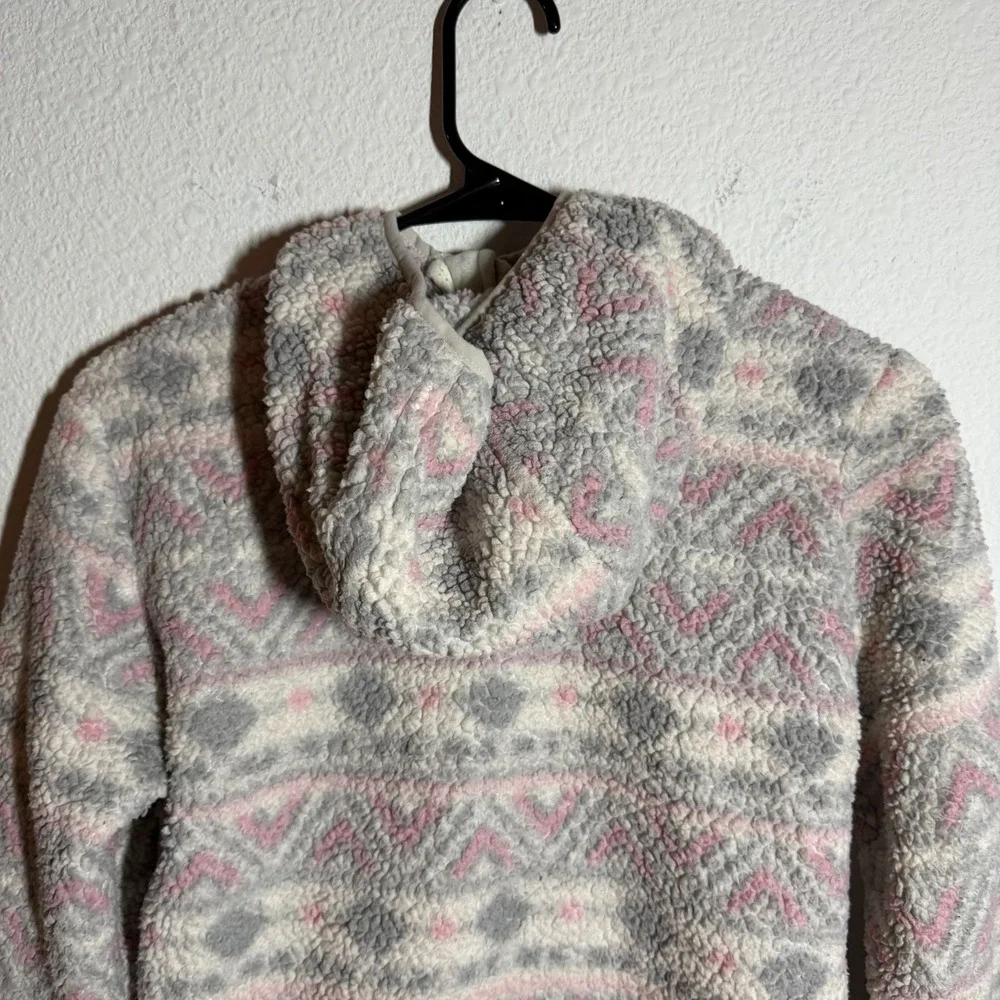 Eddie‎ Bauer Jacket Girls M(10-12) Gray Aztec Sherpa Fleece Hooded Logo Full Zip